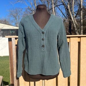 Madewell Women’s 100% Cotton Gauze Dark Teal Long Sleeve Blouse Size S Boho